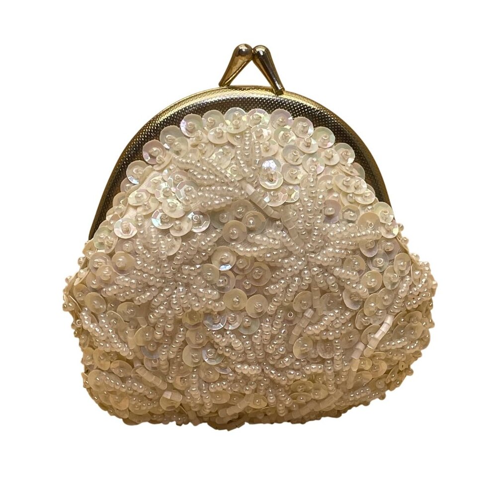 Gold Frame Embellished & White Beaded Sequined Kiss Lock Closure Coin Purse